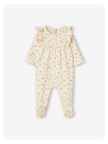 Baby Strampler mit Rüschen & Blumen, Öffnung hinten OEKO-TEX® - wollweiß